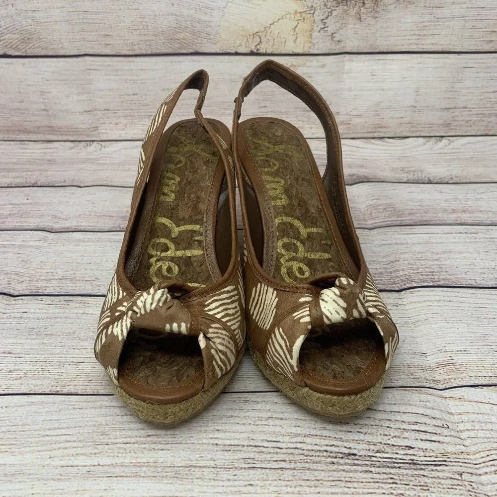 Sam Edelman Toledo Size 7.5M Brown White Textile Upper Espadrille Wedge Cork Bed